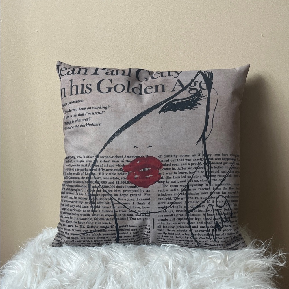 Red Lips Newspaper Print Pillow